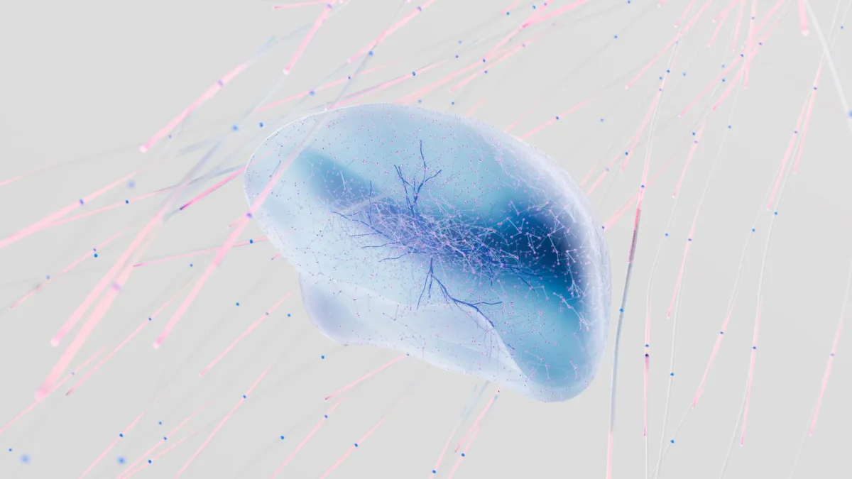 A 3D rendering of a neural network with abstract neuron connections in soft colors. A 3D rendering of a neural network with abstract neuron connections in soft colors.