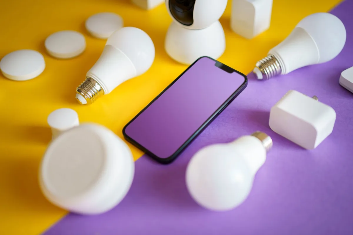 Colorful flat lay of home devices and smartphone on vibrant background, ideal for technology concepts.