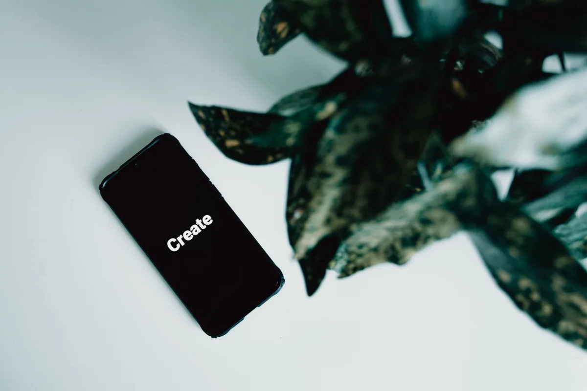 Minimalist photo of a smartphone displaying 'Create' next to green leaves on a white background.