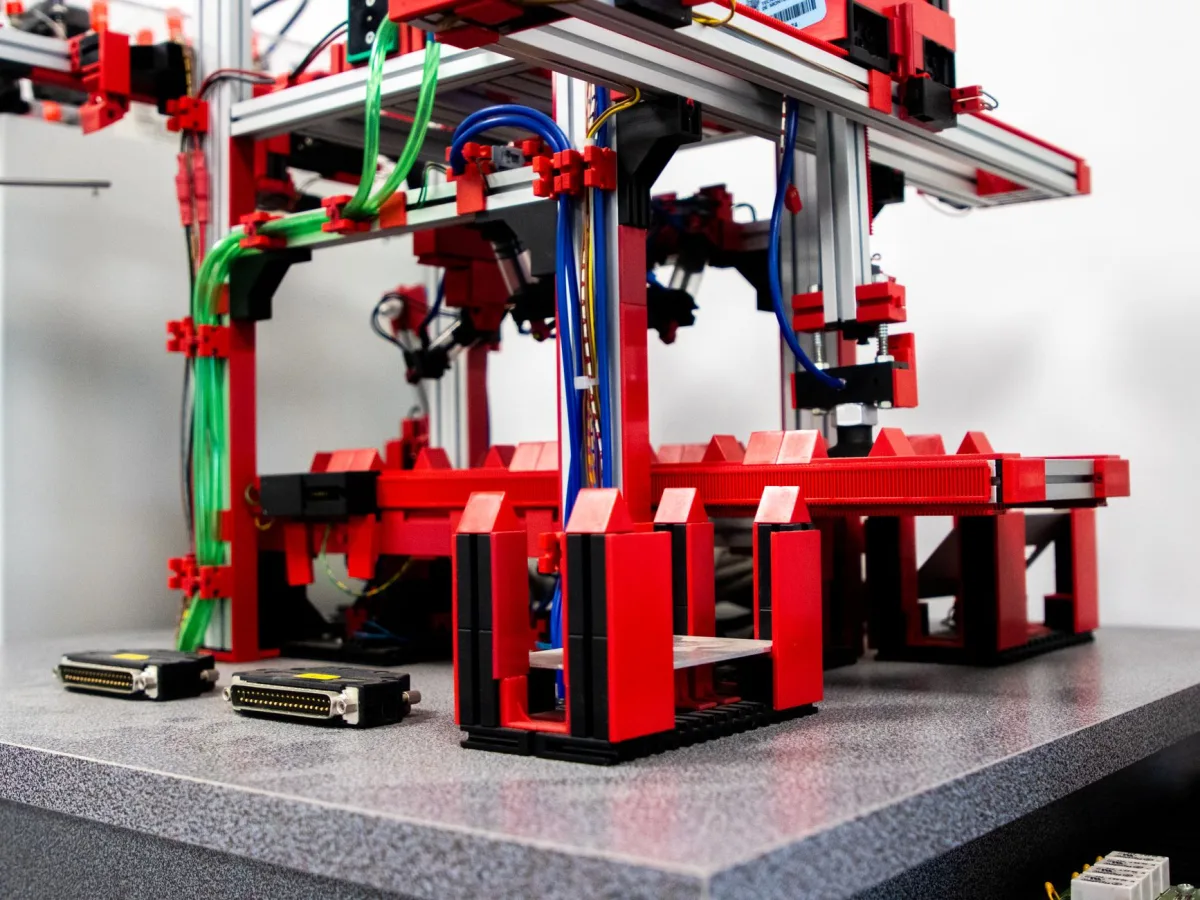 Close-up view of a robotic assembly machine with vibrant red metallic components. Close-up view of a robotic assembly machine with vibrant red metallic components.