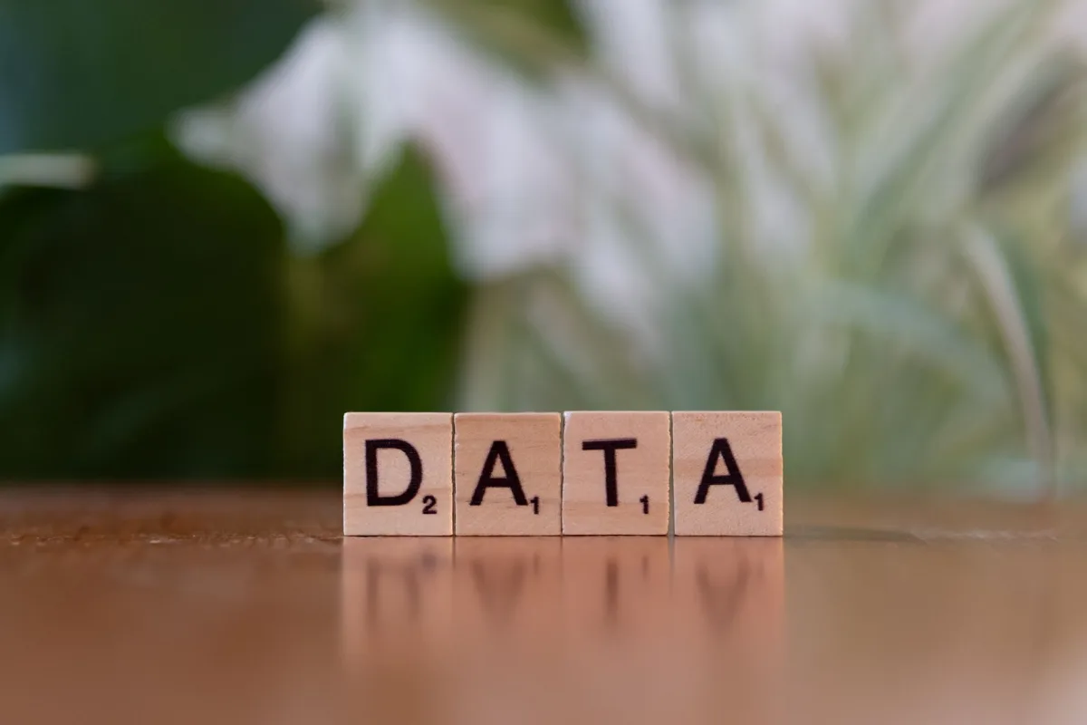 Scrabble tiles spelling 'DATA' on a wooden table with a blurred plant background. Scrabble tiles spelling 'DATA' on a wooden table with a blurred plant background.