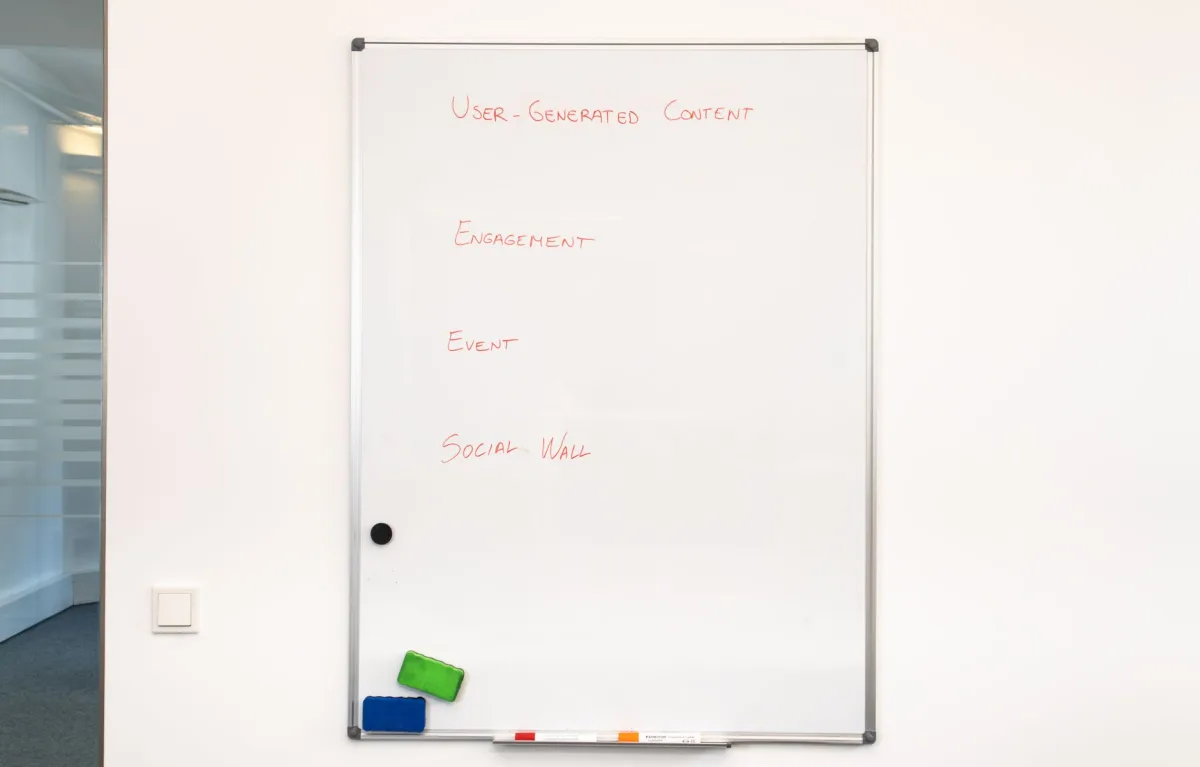 Office whiteboard displaying text related to user-generated content strategy. Office whiteboard displaying text related to user-generated content strategy.