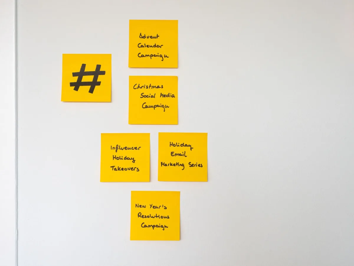 Organized yellow sticky notes on a white wall for holiday marketing Organized yellow sticky notes on a white wall for holiday marketing