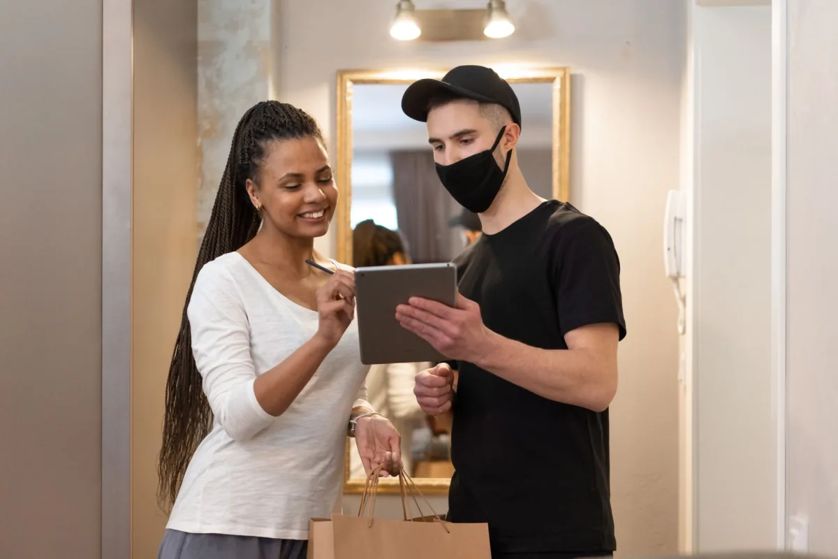 A food delivery scene with a happy customer signing on a device indoors.