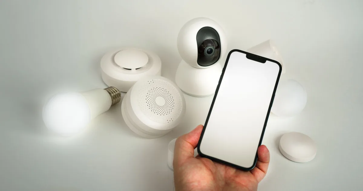 Showcase various home devices controlled via a smartphone, highlighting automation and security.