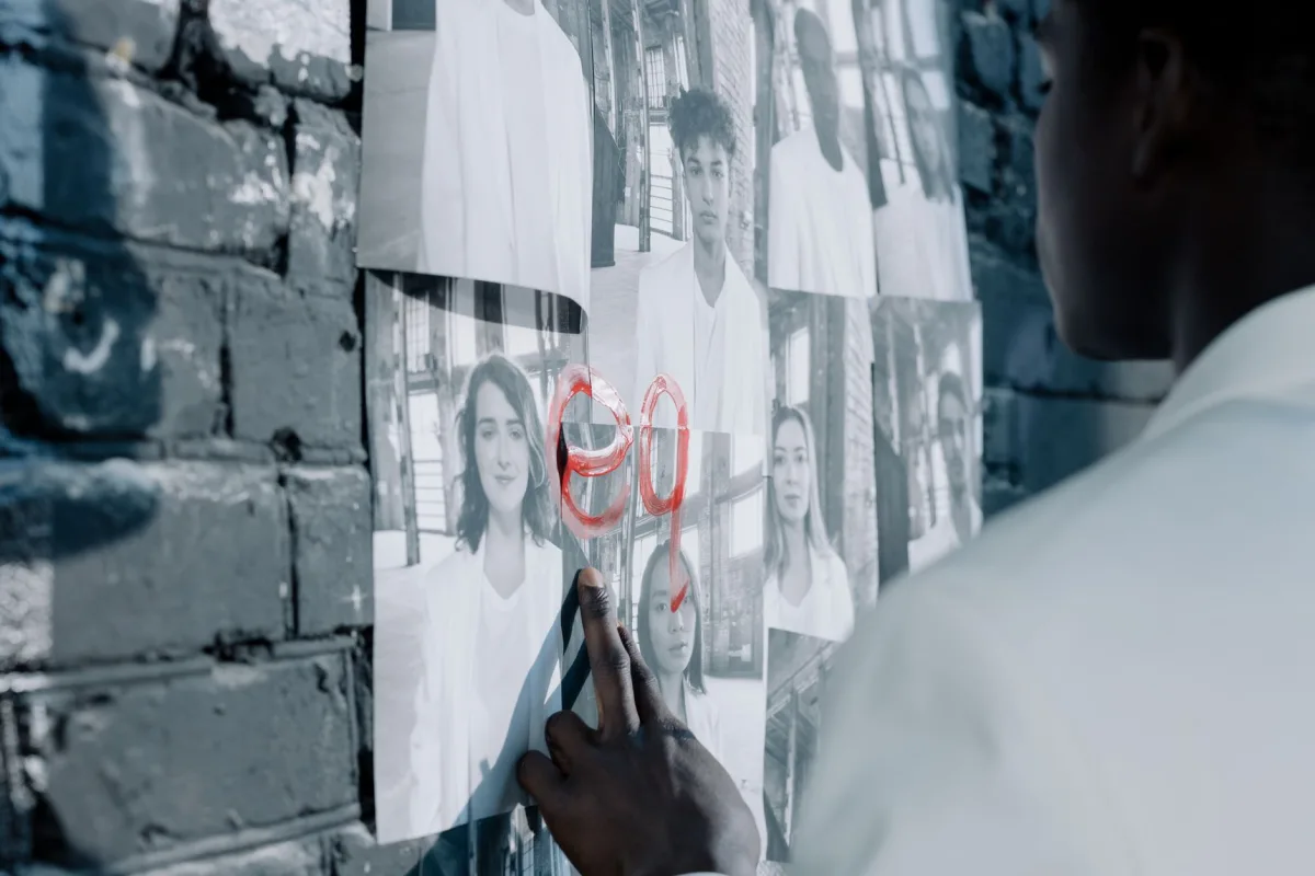 Close-up of person touching photos on brick wall with equality message. Close-up of person touching photos on brick wall with equality message.