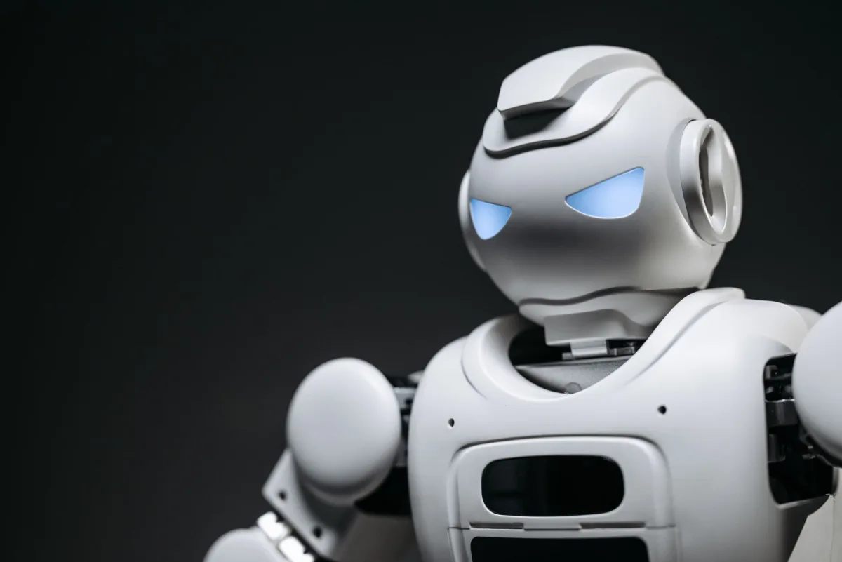High-tech robot toy with a gray background in studio lighting.