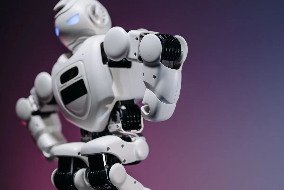 Close-up of a futuristic white robot showcasing innovation and design.