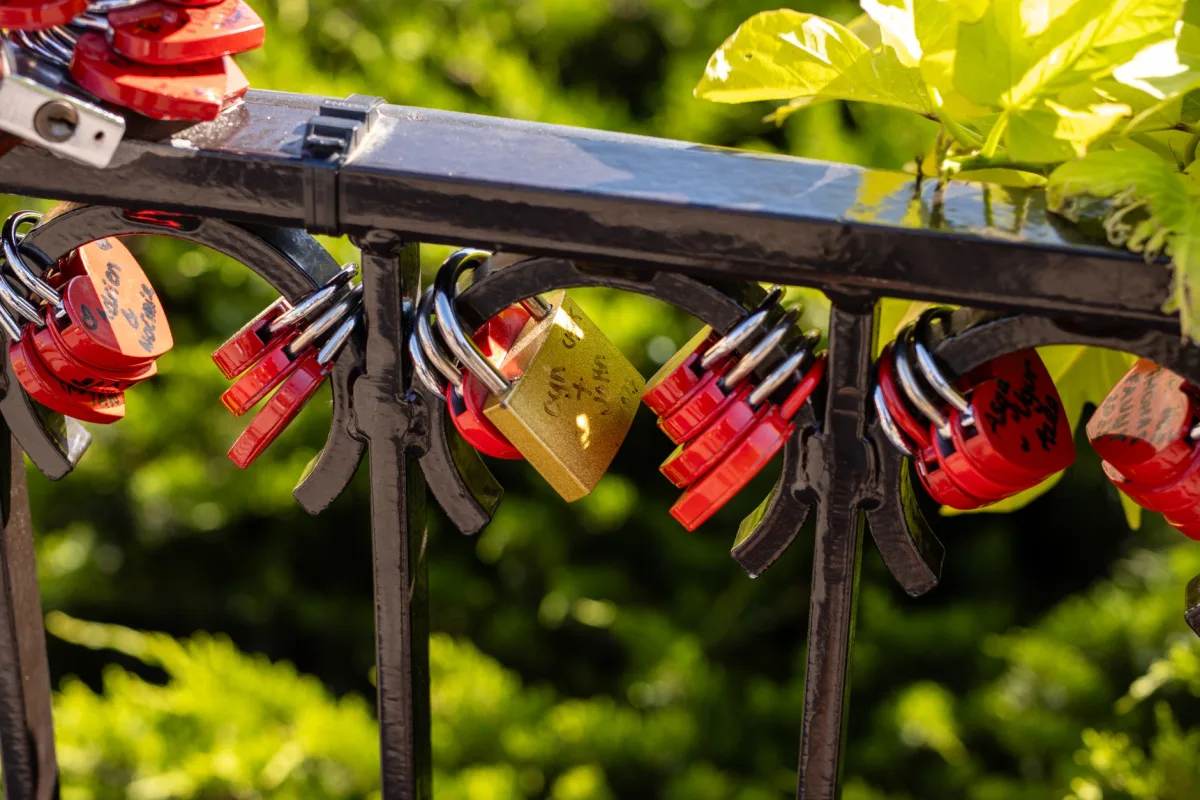 Heart-shaped love padlocks attached to a metal railing, symbolizing love and commitment, in bright sunlight.