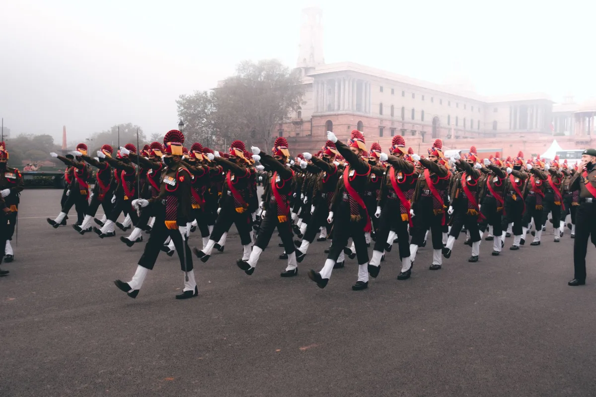 Indian soldiers in ceremonial uniform march during a Republic Day parade.
