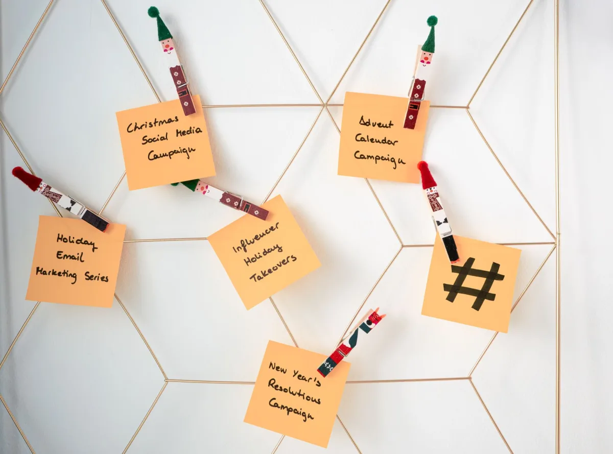 Sticky notes with holiday ideas clipped to a wall grid. Sticky notes with holiday ideas clipped to a wall grid.