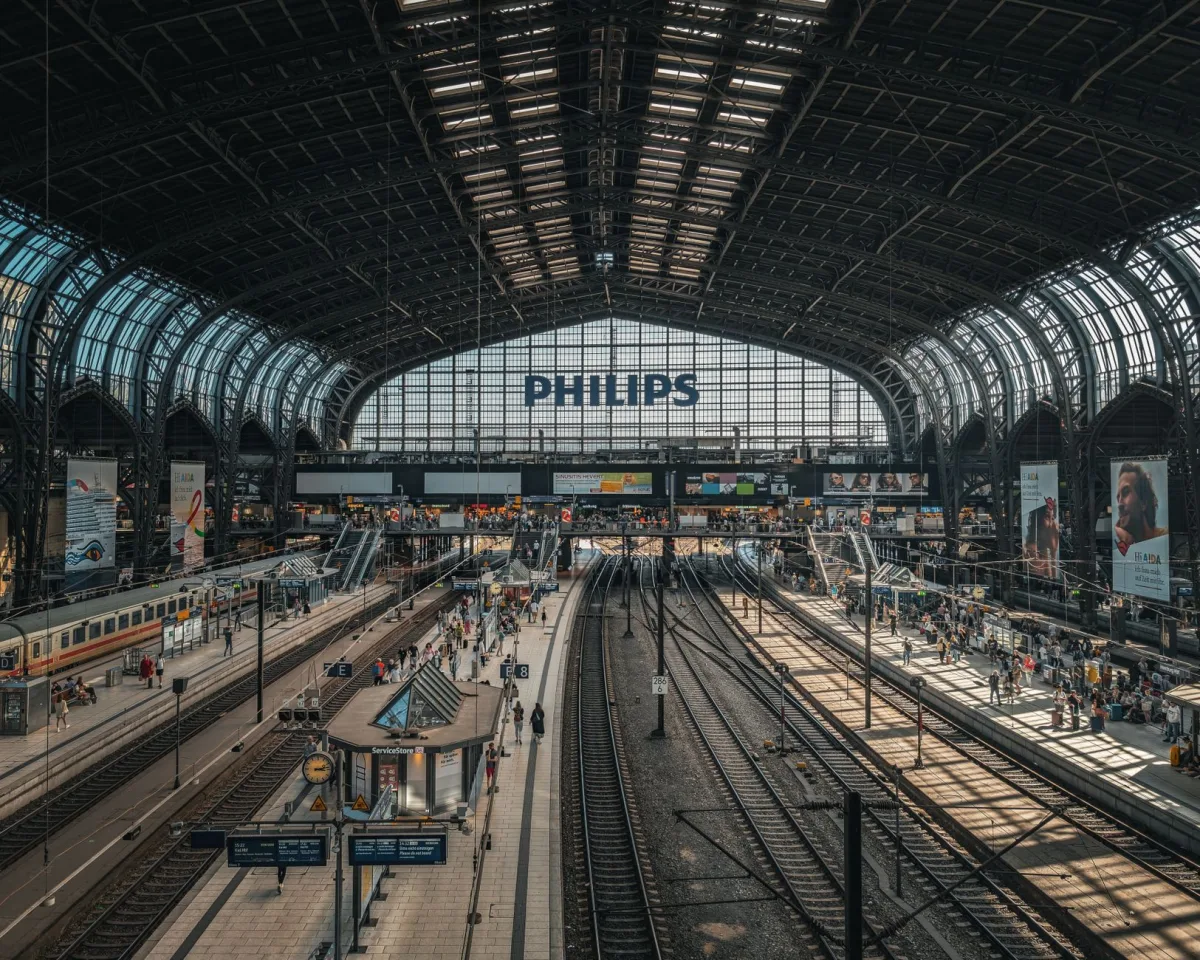 Vibrant interior view Hamburg Central Station showcasing architectural beauty and bustling activity. Vibrant interior view Hamburg Central Station showcasing architectural beauty and bustling activity.