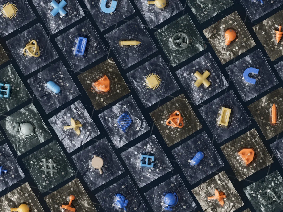 Abstract arrangement 3D technology icons on a grid showcasing AI and digital concepts.