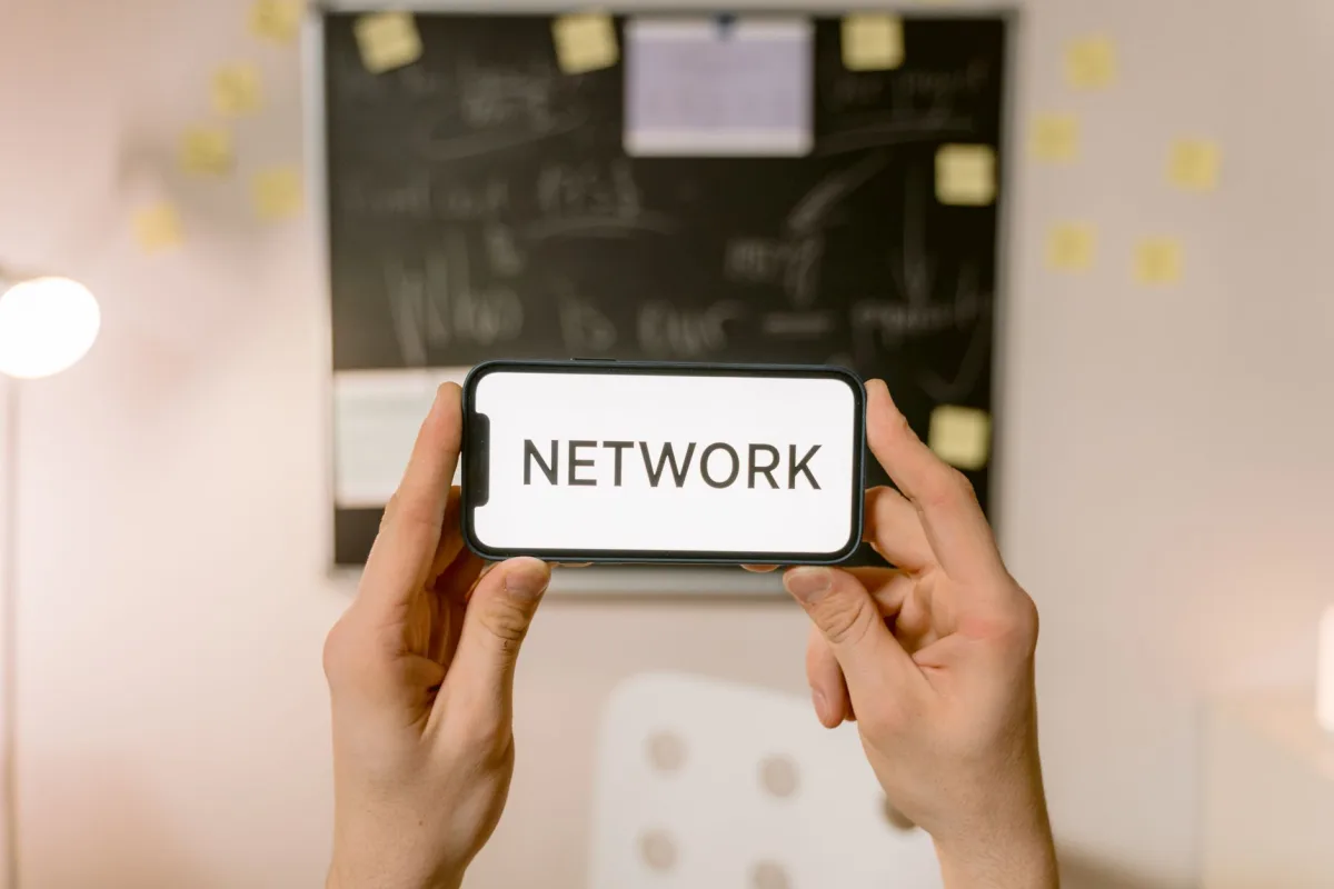Hands holding a smartphone with 'NETWORK' text on screen, concept digital