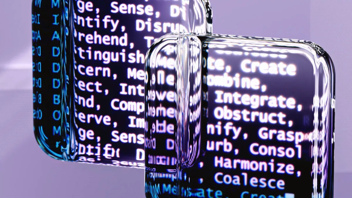 Abstract glass surfaces reflecting digital text create a mysterious tech ambiance. Abstract glass surfaces reflecting digital text create a mysterious tech ambiance.