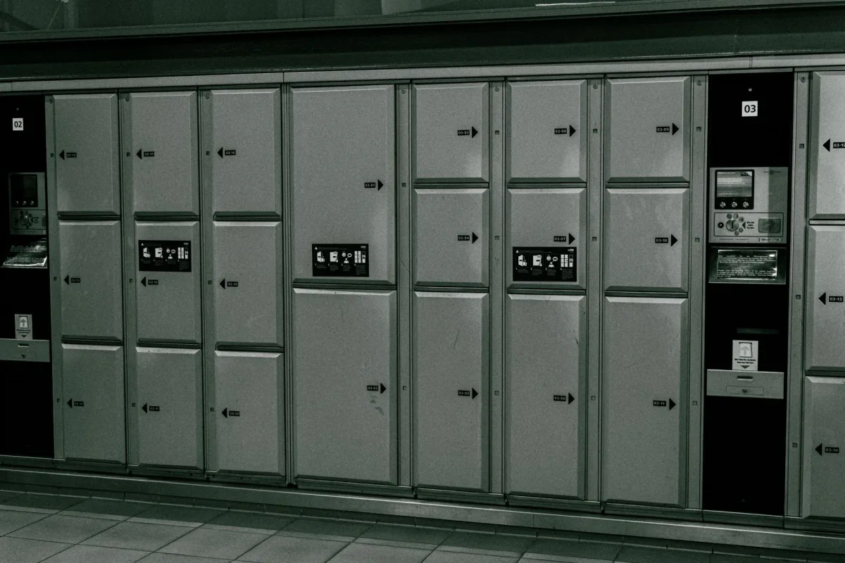 Secure metal lockers with electronic payment system at a station. Secure metal lockers with electronic payment system at a station.